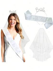 Set de 3 piezas: Diadema de corona para la novia, tirante para el hombro y velo, estilo europeo y americano para fiesta de despedida de soltera, accesorio para fotografías de boda - Multicolor - Ver 1
