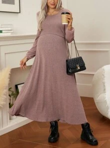 Cheriluna Maternity Casual Solid Color Nursing Maternity Dress Fall - Dusty Pink - View 5