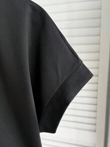 SHEIN Áo thun Raglan tay ngắn cổ tròn rộng rãi màu trơn đơn giản dành cho bé gái tuổi mới lớn - màu đen - Xem 6