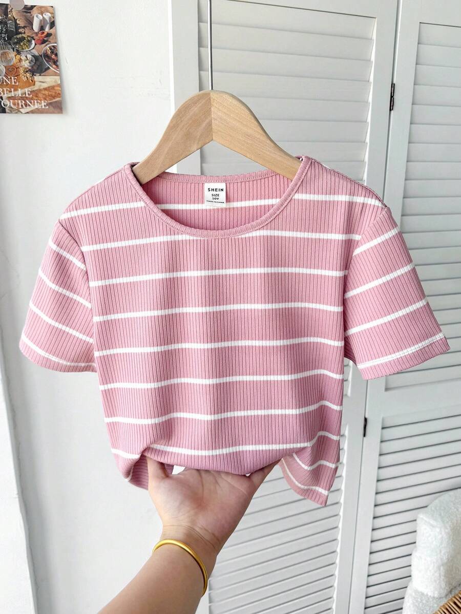 SHEIN Tween Girl Casual Mixed Striped Knit Crew Neck Short Sleeve Top - Dusty Pink - View 1