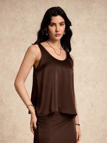 House of One Round Neck Casual Loose Fit Satin Tank Top Women Summer Autumn Wear Fall Outfits Business Professional Women Business Casual Woman - Brown - View 3
