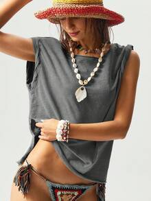 Bohemela 女士休闲纯色针织圆领短袖宽松水洗T恤 - 灰色 - 查看 5