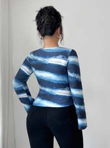 SHEIN Clasi Plus Size Elegant Tie-Dyed Printed Long-Sleeved Ladies' Top,Navy Blue White Versatile Daily Autumn Birthday Bridesmaids Campus Office Fashion Top - Blue - View 2