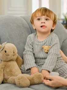 Souflis 2pcs Baby Boys' Cute Gray Ribbed Teddy Bear Graphic Long Sleeve Top And Gray Ribbed Pants Set, Autumn/Winter Toddler Sleep Wear Warm Jumpsuit For Baby Boy Fall - Grey - View 6