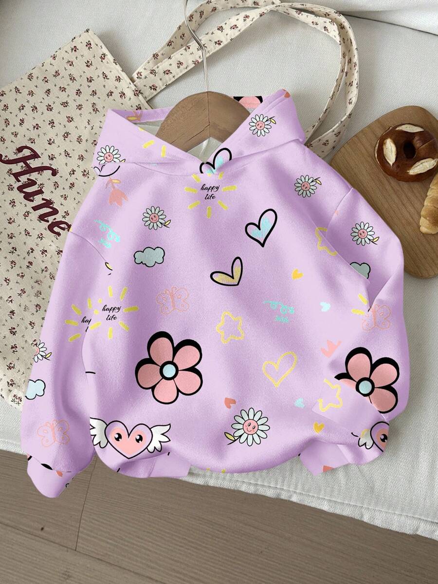 SHEIN 少女卡通爱心、卡通花朵、卡通蝴蝶图案，米色、杏色休闲宽松舒适日常穿着连帽长袖针织卫衣，适合秋冬季节穿着，可爱花朵卫衣，薰衣草色卫衣，儿童卫衣，可爱上衣 - 彩色 - 查看 1