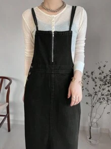 FRIFUL Robe salopette en jean décontractée pour femmes avec fermeture éclair à demi-patte et design de boutons latéraux - Noir - Voir 5