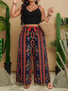 Travachic Damen Große Größen Schwarze & Rote Blumen Weite Hose, Urlaubs Weite Hose Weite Hose Frau Strand Resort Tragen Frauen Ibiza Boho Hose