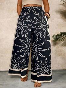SHEIN VCAY Pantalon large à imprimé floral croquis noir et blanc avec poches et taille élastique pour femmes grandes tailles. Pantalon large femme, pantalon bohème pour femme, pantalon large imprimé, pantalon imprimé soleil, pantalon ample, pantalon large femme, tenue de plage et de resort pour femme, pantalon bohème Ibiza - Noir et Blanc - Voir 6