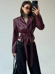 Aloruh 女式纯色长袖翻领PU皮革时尚西装外套 - 酒紅色 - 查看 7