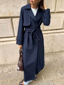 Aloruh 女士休闲纯色翻领腰带加长海军蓝秋冬风衣 - 藏蓝色 - 查看 8