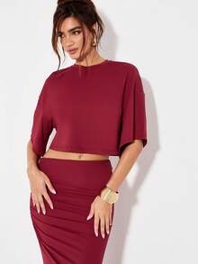 KIZN Two Piece Crop Top Maxi Skirt Co-Ord Holiday Evening Party Occasion Long Formal Dinner Wedding Guest Outfit With Ruching Detail - Red - View 4