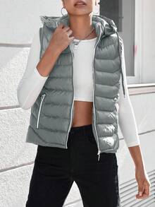 RueChic Zip Up Hooded Vest Puffer Coat - Grey - View 1