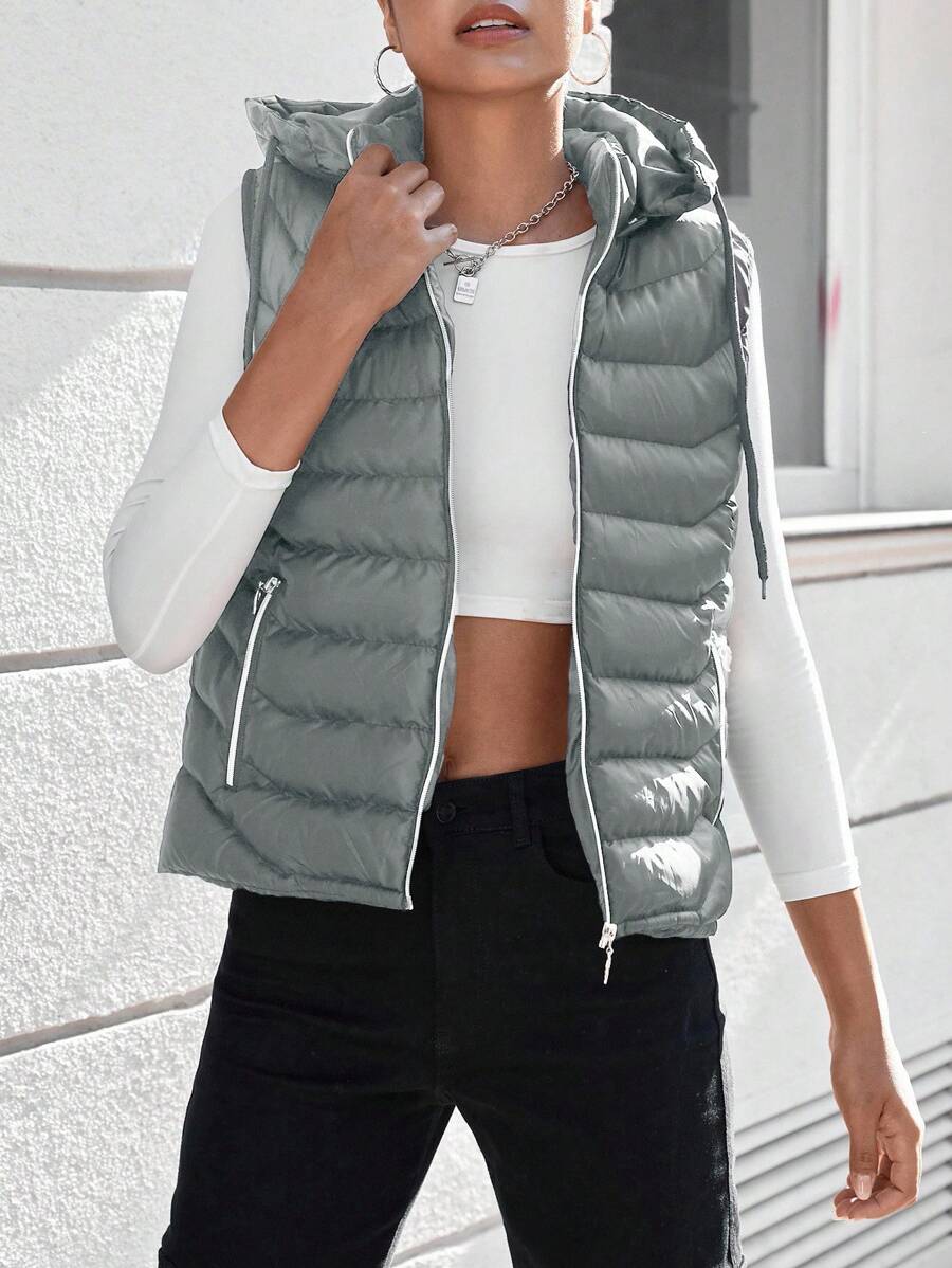 RueChic Zip Up Hooded Vest Puffer Coat - Grey - View 1