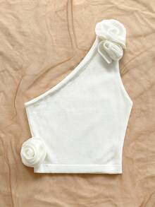 Soleia 春夏波西米亚风单肩手工 3D 花朵修身女式毛衣，适合度假、音乐节、节日约会、下午茶奶油背心玫瑰上衣可爱短款上衣奶油上衣单肩上衣 - 白色 - 查看 5