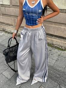 Coolane 女款春夏 Y2K 街头潮流约会夜撞色丝带条纹皮革运动长裤