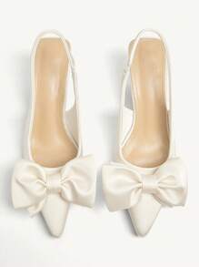CUCCOO CHICEST Women's Pointed Toe Bow Decor Mid Heel Pumps, Elegant Romantic Sweet Fashion Satin Slip-On High Heels, Suitable For Formal Occasions, Afternoon Tea, Dates, Parties, Christmas, Thanksgiving, Birthdays, Valentine's Day - White - View 1