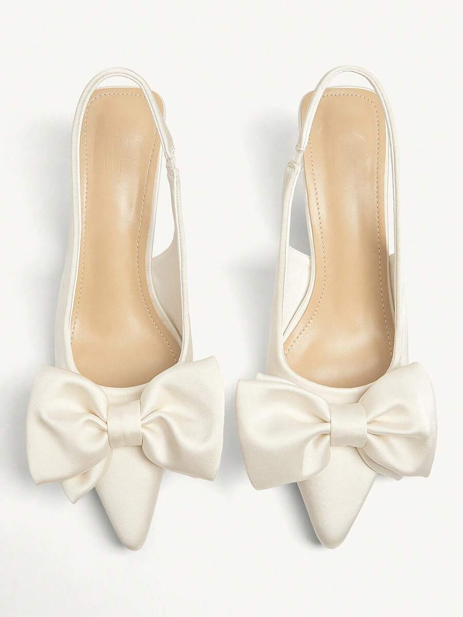 CUCCOO CHICEST Women's Pointed Toe Bow Decor Mid Heel Pumps, Elegant Romantic Sweet Fashion Satin Slip-On High Heels, Suitable For Formal Occasions, Afternoon Tea, Dates, Parties, Christmas, Thanksgiving, Birthdays, Valentine's Day - White - View 1