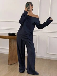 DAZY 2pcs Women Off Shoulder Long Sleeve Top And Loose Pants Set
