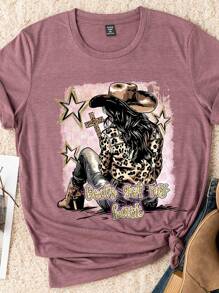 EMERY ROSE Western Element Leopard Print, Star, Letter Slogan Graphic Round Neck Short Sleeve Fashion Plus Size T-Shirt - Red Violet - View 3