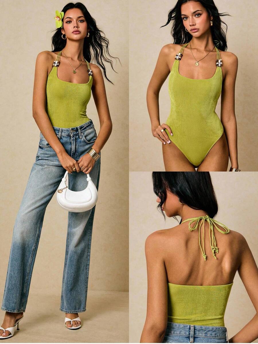 Poéselle 绿色连体衣，女士串珠拼接挂脖式连体衣，亮绿色上衣，女士绿色夏季上衣，串珠吊带上衣，面料舒适，适合日常穿着、外出、度假、海滩、约会等场合。 - 綠色 - 查看 1