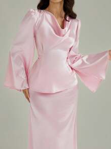 Modelyn 女士优雅竹节腰带两件套，时尚设计，适合春、夏、秋季 - 粉色 - 查看 3