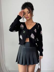 Modelyn 女士优雅花卉提花系带短款开衫 - 黑色 - 查看 4