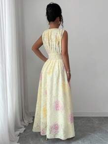 Elenzga Women's Floral Pattern Round Neck Sleeveless Drawstring Waist Dress, Suitable For Wedding, Birthday, Back To School Season, Autumn - Yellow - View 2