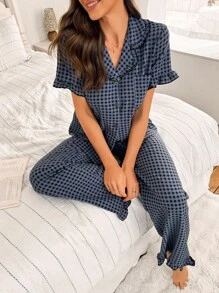CoupledUp Multicolor Checkered Long Pant Pajama Set With Pockets And Ruffled Short Sleeves  Cozy And Elegant Details - Multicolor - View 4