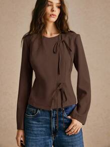 Poéselle Damska marynarka sznurowana w jednolitym kolorze, z wiązaniem z przodu, z długim rękawem, w stylu casual, z guzikami przy rękawach, asymetrycznym wiązaniem na jesień i zimę - Kawowy brązowy - Zobacz 2