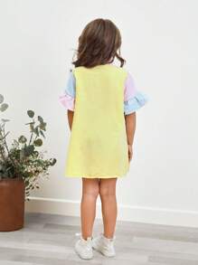 SHEIN Young Girl Striped Print Colorblock Flounce Sleeve Ruffle Hem Smock Dress