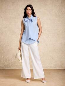 House of One Tie Front Cotton Blend Woven Sleeves Button-Up Shirt Top Women Casual Spring Summer Wear Baby Blue Top Women Bow Top Women Light Blue Top Women Sleeveless Top Blue And White Women