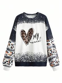 SHEIN LUNE 豹紋和心形印花落肩袖運動衫 - 彩色 - 查看 1