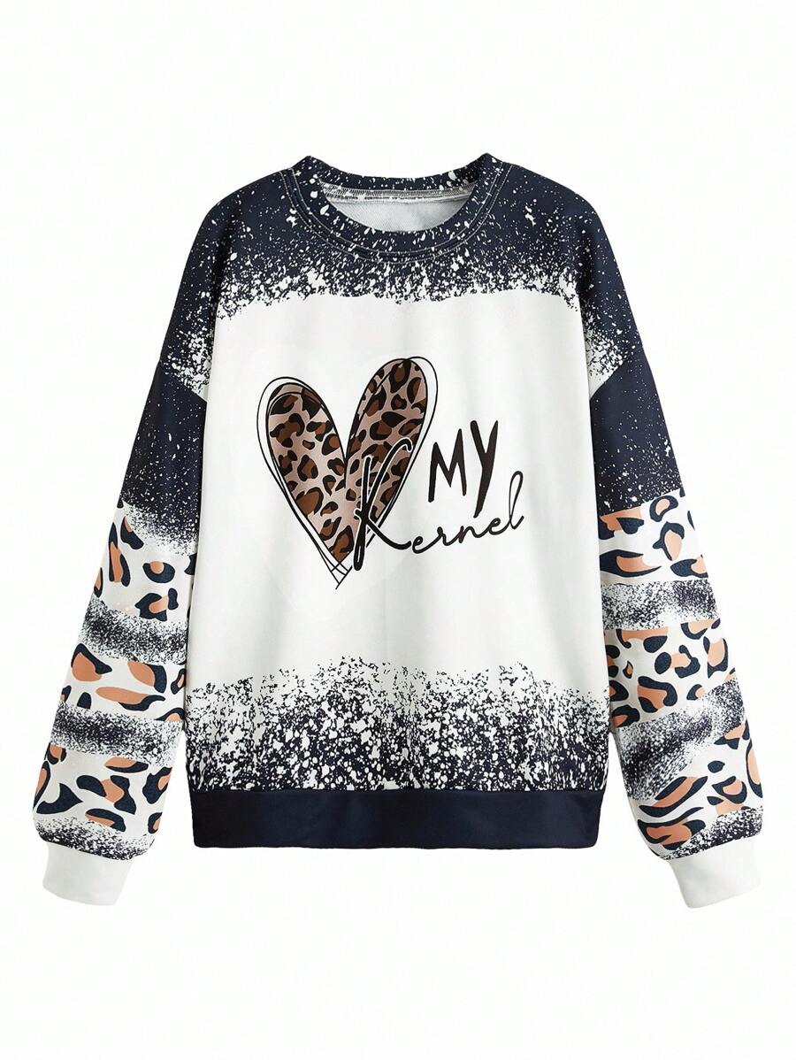 SHEIN LUNE 豹紋和心形印花落肩袖運動衫 - 彩色 - 查看 1