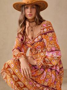 Wildy 秋季新品浪漫波西米亚印花长袖短裙秋装乡村演唱会服装返校节西部服装女式波西米亚风女装乡村服装女式度假服装度假服装女式外出上衣女式西部服装狂欢服装度假两件套 - 彩色 - 查看 1