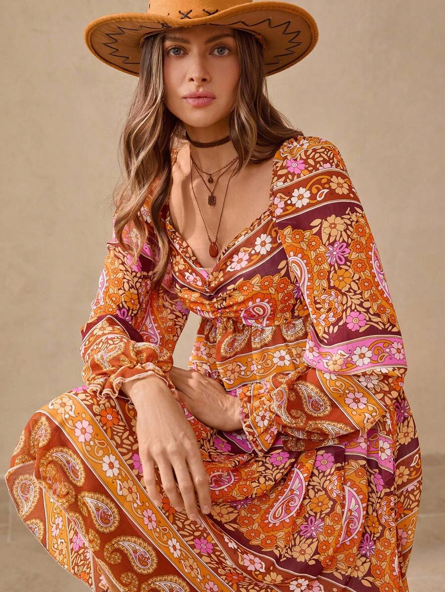 Wildy 秋季新品浪漫波西米亚印花长袖短裙秋装乡村演唱会服装返校节西部服装女式波西米亚风女装乡村服装女式度假服装度假服装女式外出上衣女式西部服装狂欢服装度假两件套 - 彩色 - 查看 1