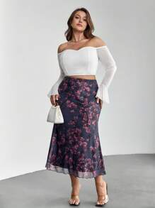 Firerie Elegant Floral Print Fitted Skirt, Plus Size - Multicolor - View 7