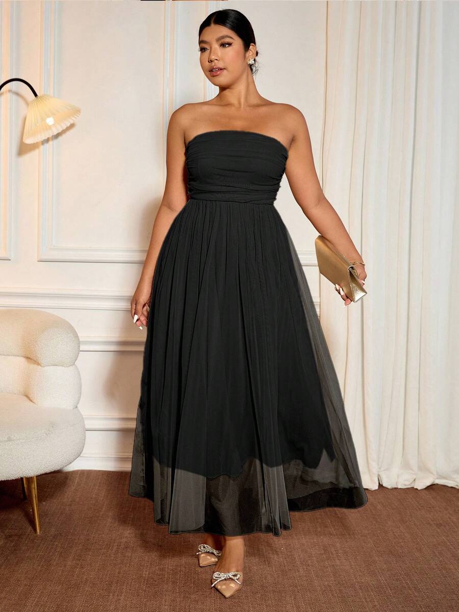 Cravure 加大码女式杏色无袖褶皱腰优雅中长连衣裙，带网眼覆盖层，适合约会、聚会、派对、婚礼和舞会 - 黑色 - 查看 1