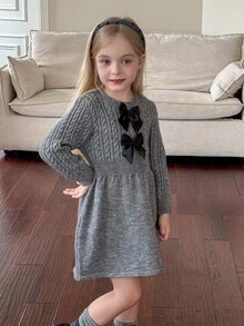 SHEIN 年轻女孩秋冬复古麻花针织圆领 A 字腰蝴蝶结长袖毛衣裙，适合户外休闲装、日常装和学校日常装、学院风、返校装、秋冬装， - 灰色 - 查看 7