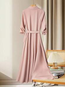 Franclia Elegant 3/4 Sleeve Lapel Neck Fitted Long Dress, Apricot Pink, Suitable For Commuting And Everyday Wear, Spring/Autumn - Dusty Pink - View 2