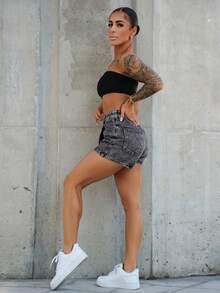 SAYEHFBABY Falda pantalón de mezclilla sencilla y casual de unicolor para mujer - Gris Oscuro - Ver 4
