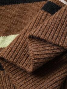 Dazy Plus Sweter damski w paski z kołnierzykiem polo i luźnym krojem w dużych rozmiarach, uniwersalny na jesień/zimę - Brązowy - Zobacz 10