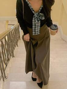 DAZY French Retro Elegant Bow V-Neck Short Knit Sweater Fall Plaid - Black - View 3