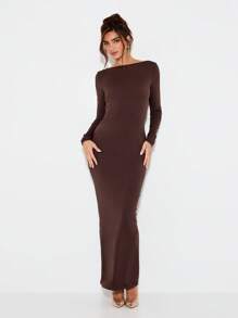 KIZN Elegant Chain Back Detail Maxi Dress With Long Sleeves Evening Wedding Guest Full Length Backless Gown Fall Winter Party Bodycon Design - Black - View 2