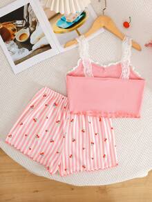 SHEIN 青少年女孩甜美撞色蕾丝花边吊带背心和印花短裤两件套睡衣套装，夏季 - 粉色 - 查看 2