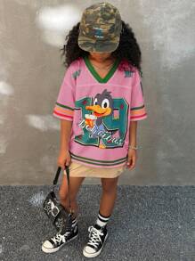 Coolane Áo thun dệt kim rộng cổ chữ V in chữ hoạt hình hở vai mùa hè cho bé gái tuổi teen - Hồng - Xem 6