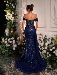 Glamrae 优雅奢华露肩刺绣亮片开衩鱼尾裙，缎面褶饰，侧褶，适合婚礼、派对、舞会、宴会（重型） - 藏蓝色 - 查看 5