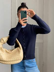 DAZY Áo len dệt kim cổ tròn tay dài 2 trong 1 chắp vá dành cho nữ, mặc dạo phố, mùa thu/đông - Màu xanh hải quân - Xem 3