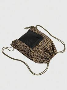 ROMWE Anime Vintage Leopard Print Large Capacity Multi-Pocket Drawstring Backpack Y2k Casual Fashion Unisex Backpack Suitable For Vacation, College, Party - Brown - View 5