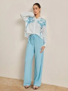 SHEIN LUNE 2 件花卉印花度假休闲衬衫和裤子套装 - 藍色 - 查看 4