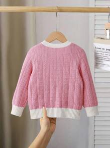 SHEIN Girls' Fashionable Bowknot Round Neck Cardigan, Suitable For Travel, Party, Back To School - Pink - View 2